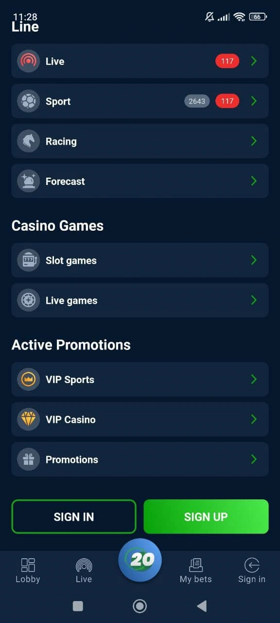 Screenshot dell'app Bet 20 giochi e promozioni